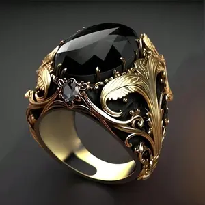 14k gold plated ring classic design for men with black oval stone, elegant, party accessory and gift