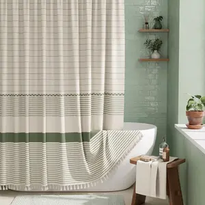 Bohemian style shower curtain modern farmhouse style tassel shower curtain set, rural style green striped shower curtain with hooks Waterproof Quick Drying Machine Washable Home Bathroom Decor Shower Curtain Sets for Bathroom