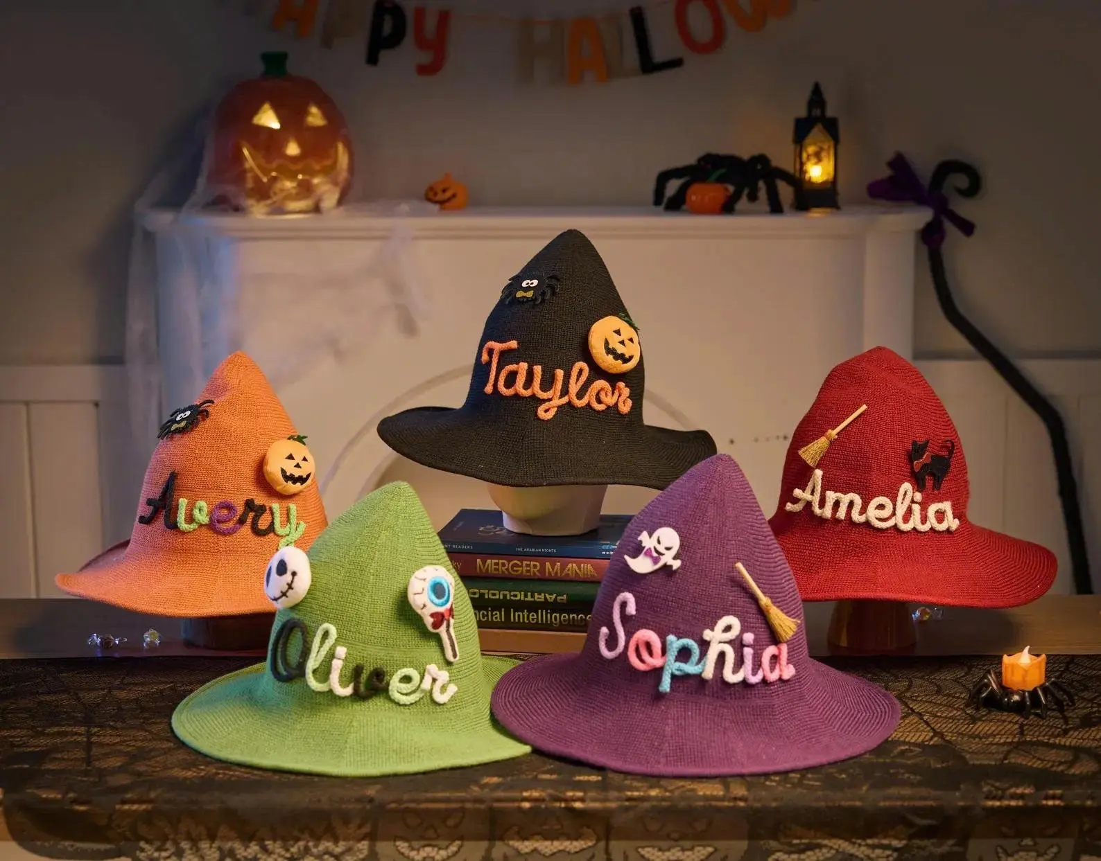 Personalized Halloween Witch Hat with Custom Name – Embroidered Kids Costume Hat, Colorful Trick or Treat Party Hat with 2 Optional Accessories