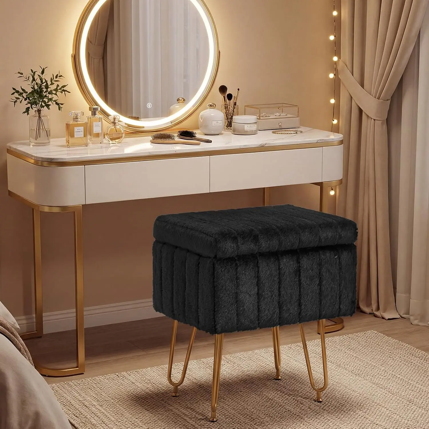 Vanity Storage Stool, Faux Fur Padded Ottoman Footstool with 4 Adjustable Anti-Slip Metal Legs, Multifunctional Makeup Stool for Bedroom Entryway Home