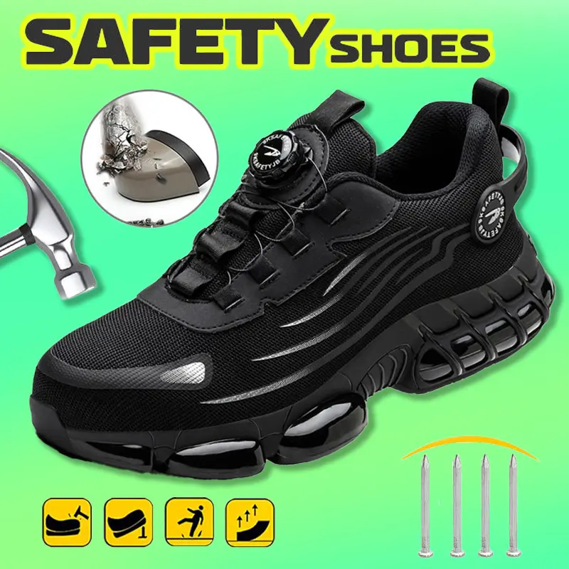 Men's Fashionable Closed Steel Toe Trainers - Reflective Striped Mesh Work Safety Footwear, Anti-Slip Comfort Fit Sole, Universal All-Seasons Walking Shoes, Non Slip Work Shoes