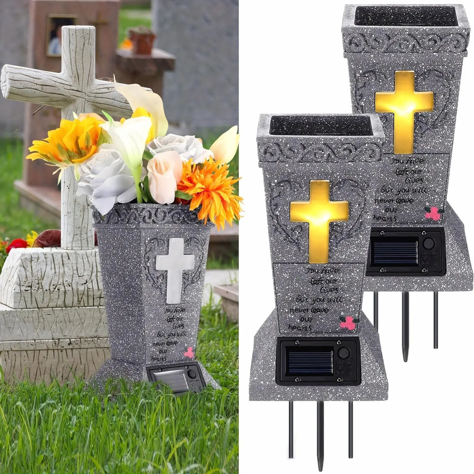 1pc Solar Powered LED Cemetery Vase, Headstones Vases With Detachable Spike, EasyTo Install, Durable Memorial Gravestone Decoration For Fresh Or Artificial Flowers, Perfect Memorial Gift For Your Lost Love, Garden Houses