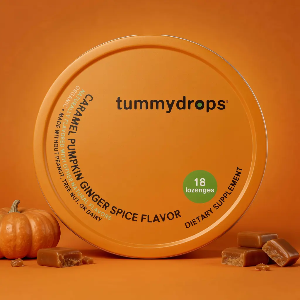 Tummydrops Organic Caramel Pumpkin Ginger Lozenges Supplement - 18 Ct, Recyclable Tin, Relieves Upset Stomach