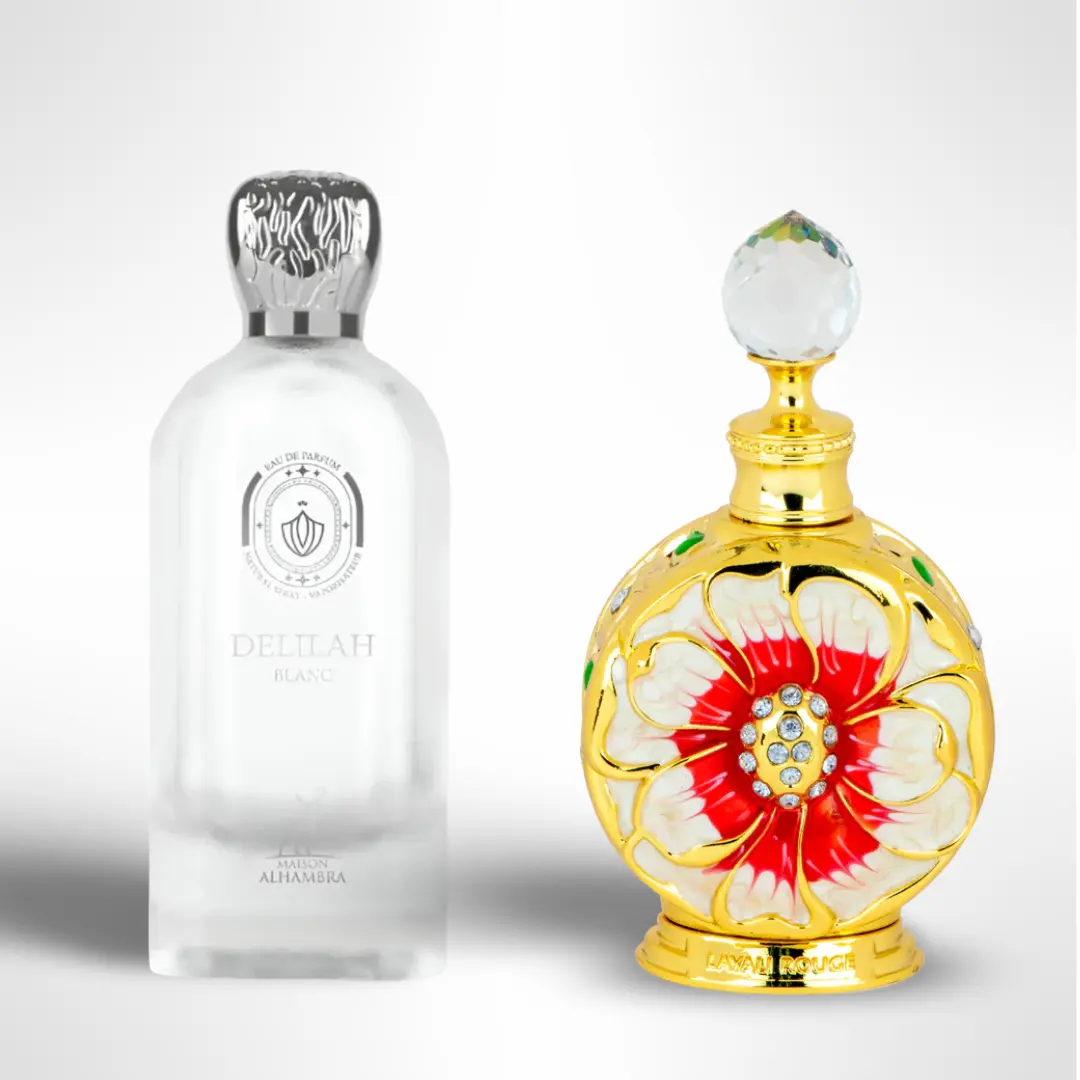KHADLAJ Mama’s Bouquet Parfum Discovery Set - Maison Alhambra Delilah Blanc 100ml Long Lasting Fruity Floral Fragrance + Swiss Arabian Layali Rouge 15ml Premium Arabian Fragrance Oil