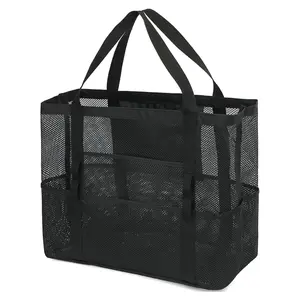Black Large-Capacity Mesh Beach Tote Bag with Multiple Pockets, Breathable Quick-Dry Swimming Bag, Machine-Washable Lightweight Handbag for Travel and Fitness