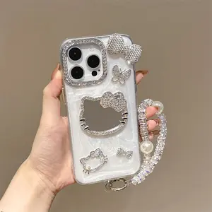 Rhinestone Bow Cat Mirror For iPhone 17 16 15 14 13 12 11 Pro Max Touch-up Mirror with Pearl White Resin Coating, Durable Protective Cover, Luxurious Look for Women