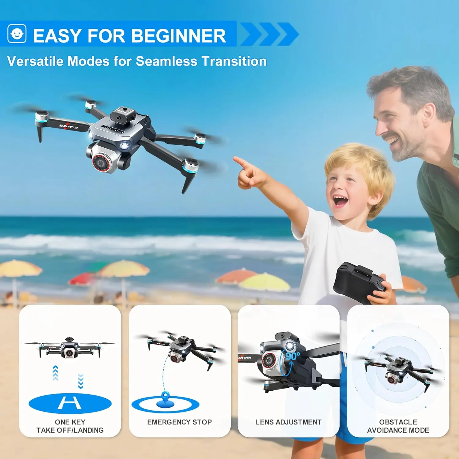 4K Camera Foldable WiFi FPV RC Quadcopter Drone for Kids & Beginners, Controller with Screen, Obstacle Avoidance, 1-Key Take Off/Landing, Headless Mode, 3D Flips, Waypoint Fly, LED Lights, SD Storage, 2 Batteries
