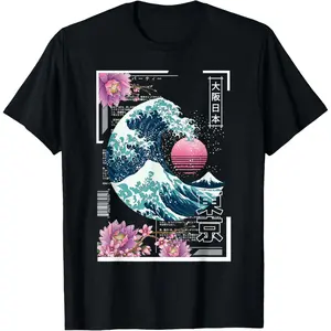 Vaporwave Synthwave 80's Japan Japanese Great Wave Tokyo 80s T-Shirt Black Man