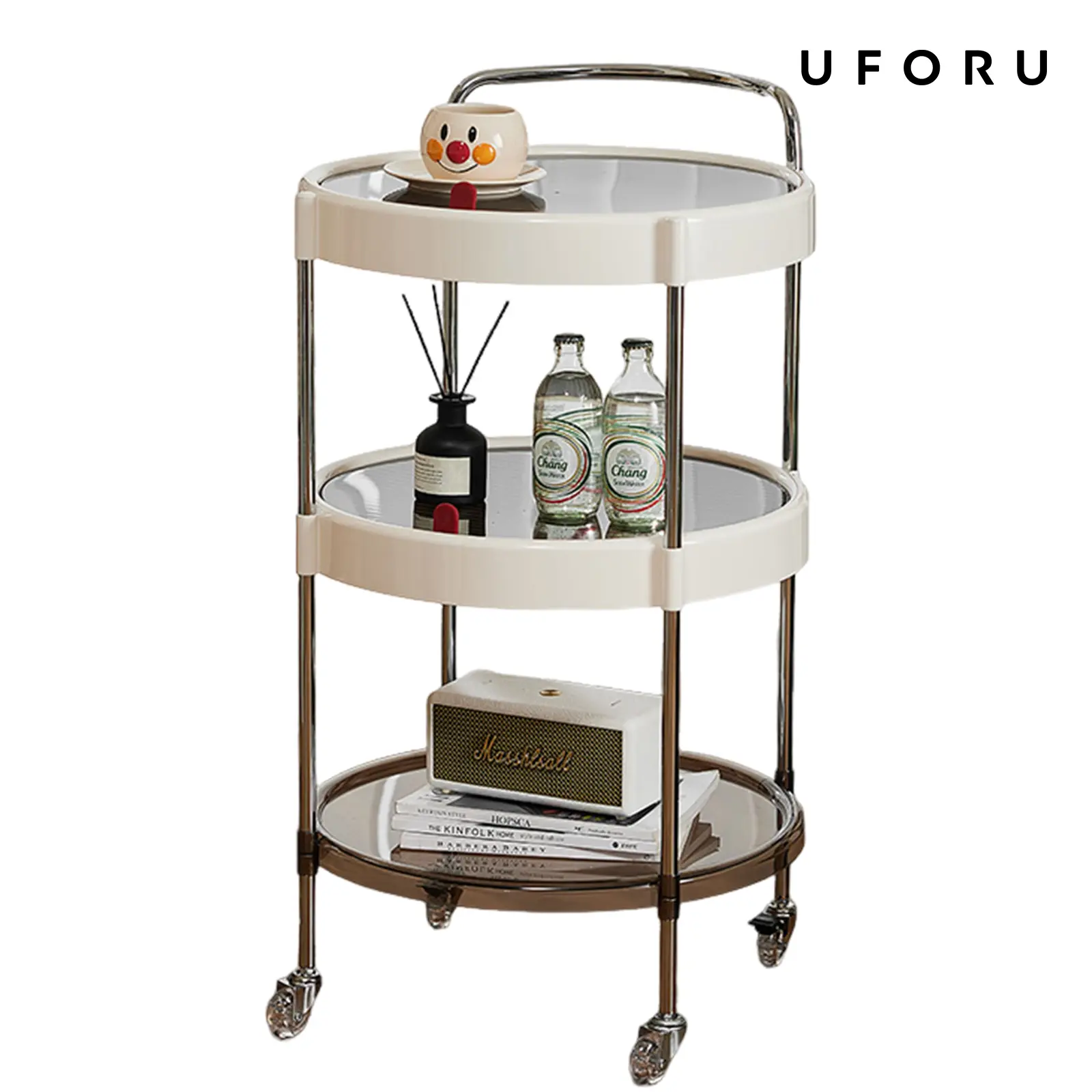 UFORU 2 Tier / 3 Tier Round Rolling Side Table Cart, Modern Mobile Serving Cart with Wheels, Multifunctional Storage Trolley for Living Room, Bedroom & Kitchen, Black & White Available#SummerWins#DFYD