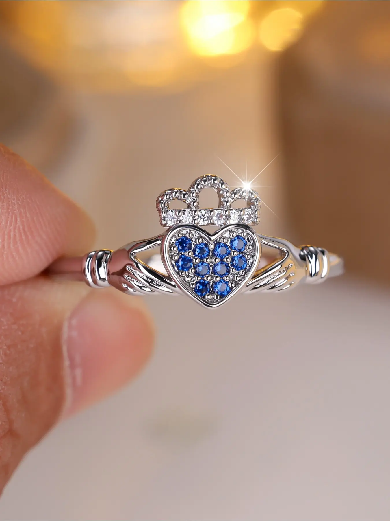 1pc Blue CZ Claddagh Ring, Silvery Plated Heart Crown Fashion Promise Ring, Irish Style Jewelry for Women