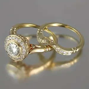 2pcs/set Luxury Elegant Women Rings, Synthetic Zirconia Round Cut, 4-prong-setting Halo Copper, for April Birthstone, Bridal Engagement Wedding, Daily, Valentine'S Day, All Season Holiday Jewelry