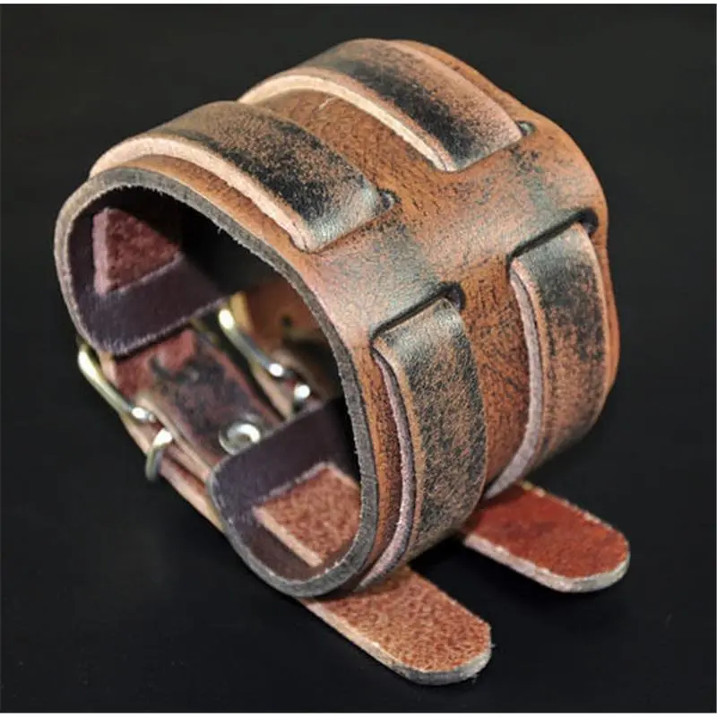 Men's Double-Band-Through Wide Vintage Genuine Leather Bracelet Wristband Cuff