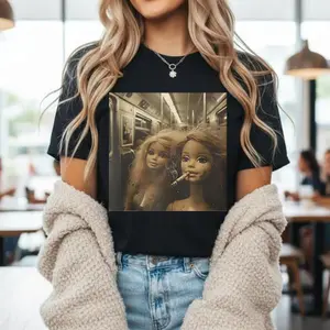 Women Casual T Shirt Black Barbie Dolls Smoking On Subway Print For Daily Wear And Street Style