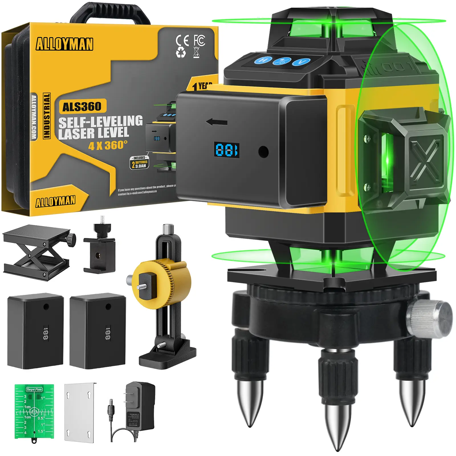 Alloyman 16 Lines Laser Level, Self Leveling 4x360° Green Laser Level with 2Pcs Rechargeable Lithium Batteries/Wall Mount/Remote Control for Indoor an