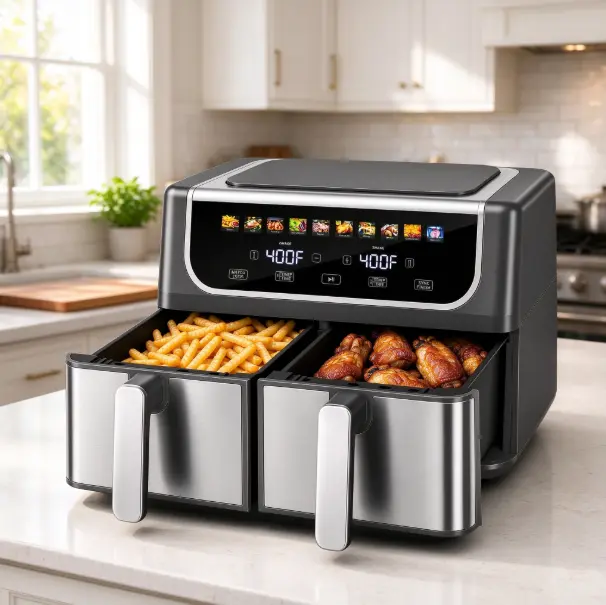 9QT Dual Basket Digital Double Zone Air Fryer - 10-in-1 Smart Digital Cooker, Adjustable Temperature, 2 Independent Nonstick Baskets with Easy View Windows, Sync Finish & Hi-Fry Functions, 200°F-450°F Range Kitchen Appliance