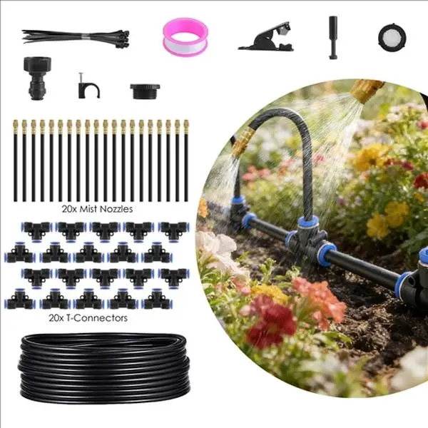 360-Degree Bendable Adjustable Sprinkler Drip Irrigation Kit - 49FT Automatic Garden Watering System with 20 Spray Nozzles, 20 T-Connectors, Garden Water Hose for Home Use