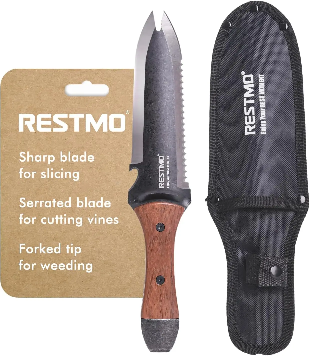 Restmo Professional Hori-Hori Garden Knife with Secure Nylon Sheath, Heavy-Duty High-Strength Stainless Steel Blade, Dual-Tip for Accurate Weeding, Full-Tang Construction with Depth Gauge, Easy Carry, Walnut & Metal Handle for Gardening Use, Bottle Opener