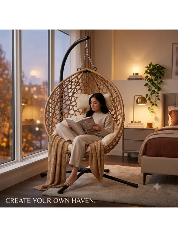 Foldable Hanging Egg Chair with Stand, HDPE Rattan Wicker Swing Chair with Cushion, Heavy Duty Frame 350 Lbs Capacity, Outdoor Patio Indoor Bedroom Balcony