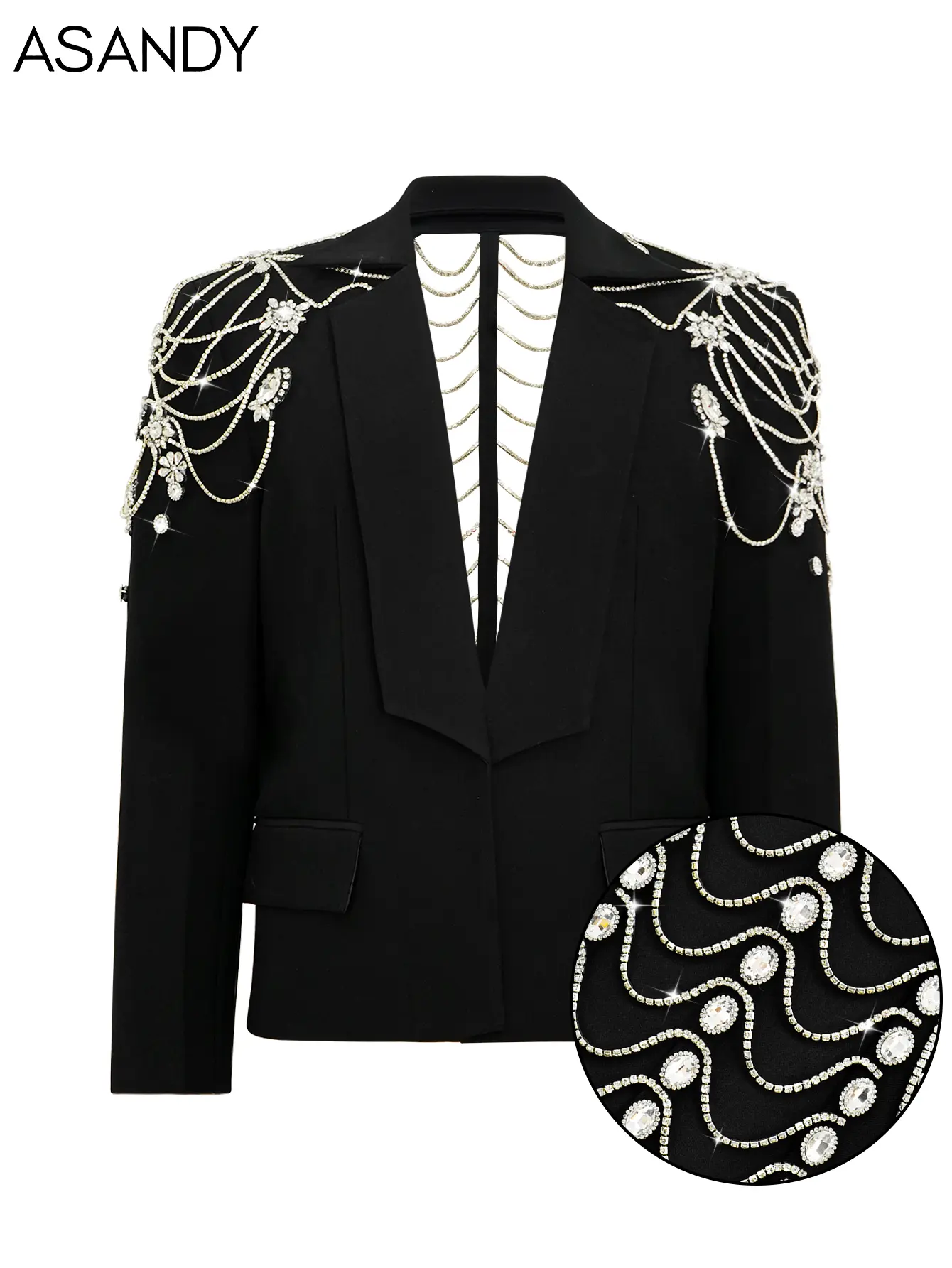 ASANDY Women's Black Plain Long-Sleeve Polyester Suit Blazer - Luxury Crystal, Shiny Sequin Embellishments, Formal 1-Piece Jacket, Blazer Dress Suit Clothes with Pearl Cross Necklace, Elegance for Parties