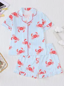 Summer Kids Short Sleeve Pajama Set, Cute Crab Pattern, Button Front, Fitted, H-Type, Casual Home Wear, 2-Piece Set for Girls
