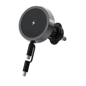 15w Magnetic Car Wireless Charger Stand with Output Port Type-C iPhone Extensible Cable Air Vent Phone Holder Magsafe Car Charger