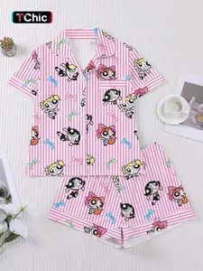 Women's Pajama Set, Cartoon Print, Short Sleeve Button Front Top, Elastic Waist Shorts, Comfortable Home Wear, All Seasons