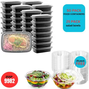 Unicup 32oz Food Containers[Plus Free 25pack Salad Bowls],Large &Thick Food Storage Containers with Lids, Reusable Plastic, Disposable Bento Box