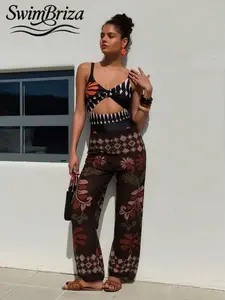 Briza｜Cut-Out Bikini Two-Piece Swimsuit For Women With Swimsuit Cover Up For Women In Black Orange Print, Vacation Swimwear For Women For Bathing Suit Fancy Bikini Sets, Cover Ups Swimsuits, Swimsuits 2 Piece, And Chic Swim Sets For Women