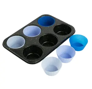 6 Cup Non-Stick Jumbo Muffin Pan, 6 Silicone Liners - Black