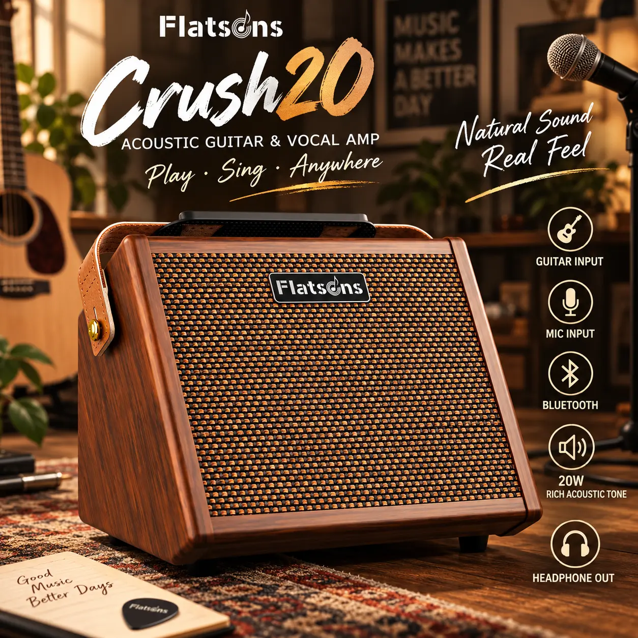 Flatsons-Crush20 20W Voice & Guitar Amplifier Sound System - 6.35mm Handwoven Mesh Connections, Reverb, 2-Band EQ, Advanced Dual-Chip Wireless, 8H Rechargeable Li-Ion Battery, Dual Channels for Busking, Content Creation, BBQs