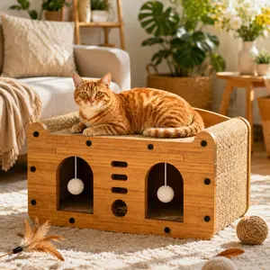 3-in-1 Cat Scratcher Hideaway with Dual Caves & Play Balls, Thickened Corrugated Paper, Meets Cats’ Scratching, Resting & Playing Needs