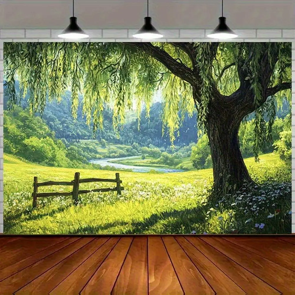 1pc Durable Polyester Large 2D Flat Graphic Nature Scenic Willow Tree Meadow Backdrop with Wooden Fence & Plants, 39.3X59 Inch / 100Cmx150cm Multi-size Soft Glam Rustic Wedding Decor (110v-130v Electricity Required)