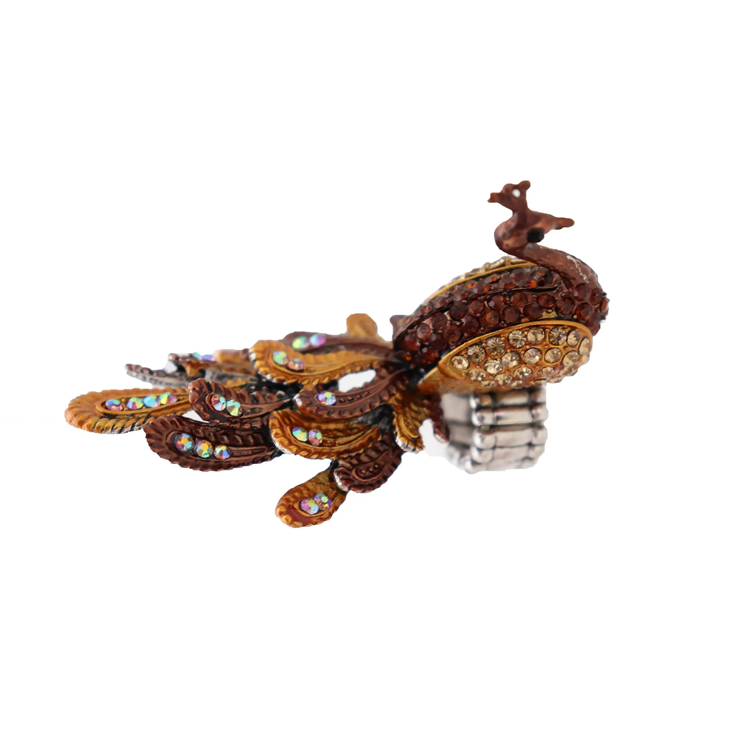 Women Peacock Ring Fashion Jewelry Bird Elastic Metal Band One Size Gold Brown