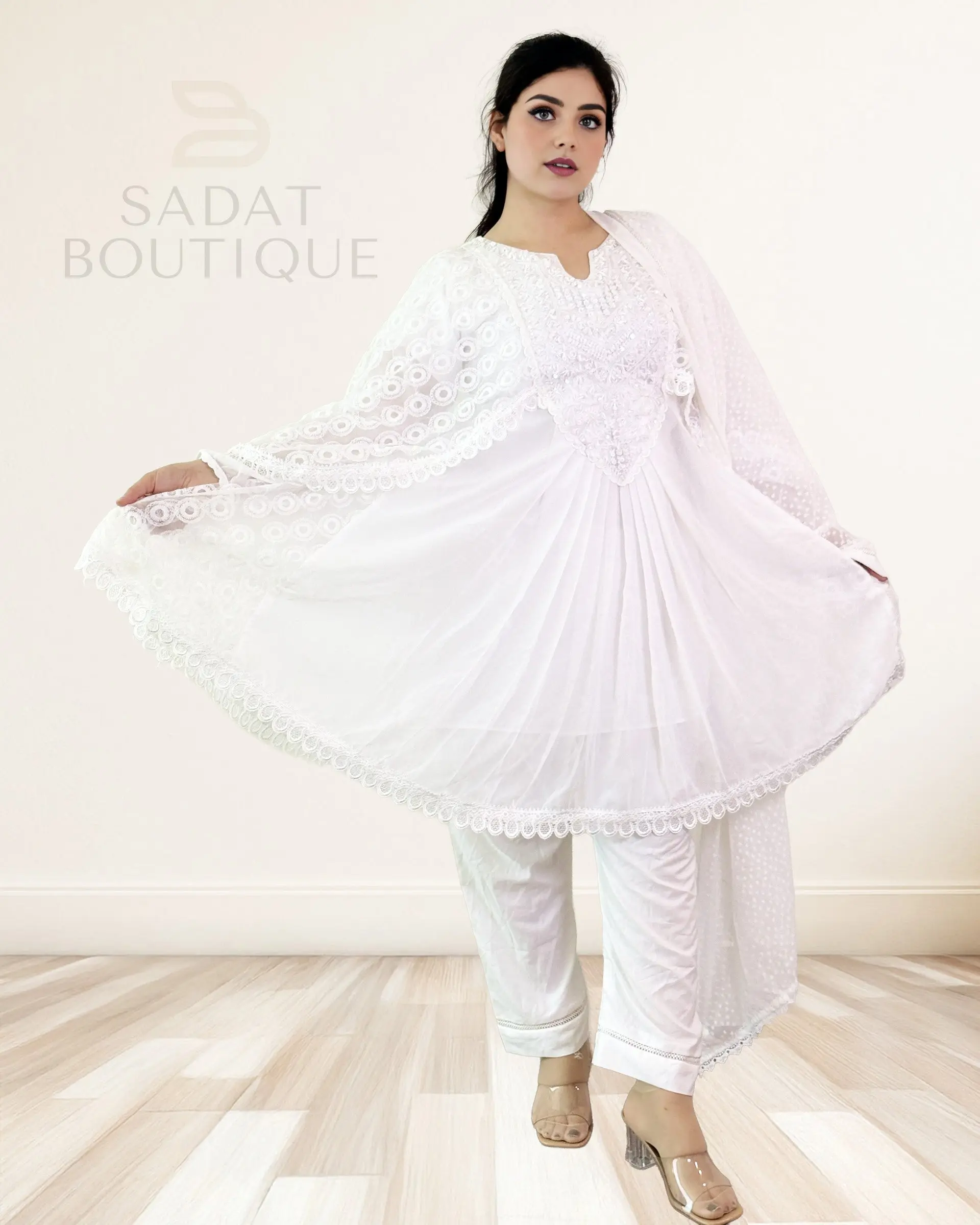 Women's Pure White Embroidered Lace Light Cape Kurti 3-Piece Clothes Set - Bridal, Formal Wear