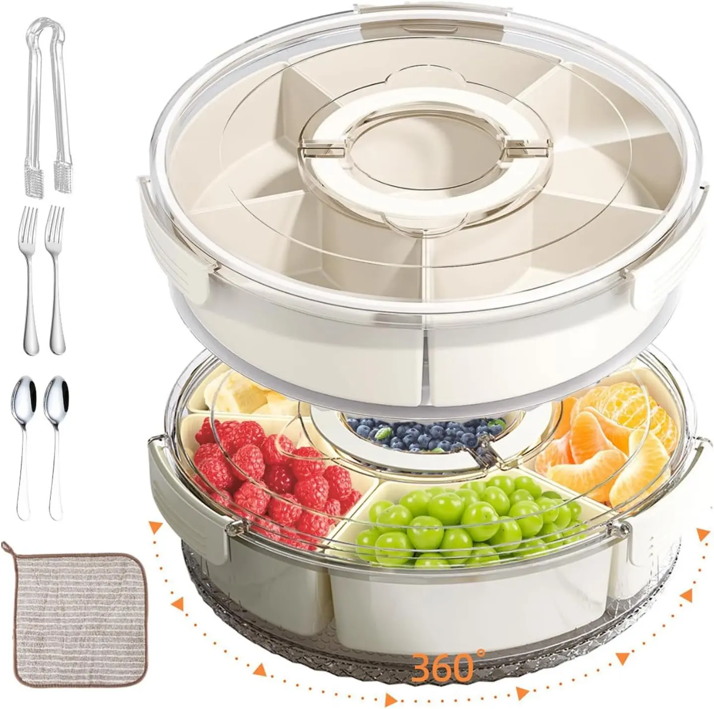 Snackle Box Container with Lid and Handle | 2 Pack 11-Inch 360° Rotating Travel Snack Box with 6 Removable Compartments for Fruit, Veggies, Candy and Charcuterie, Party, Picnic and Travel
