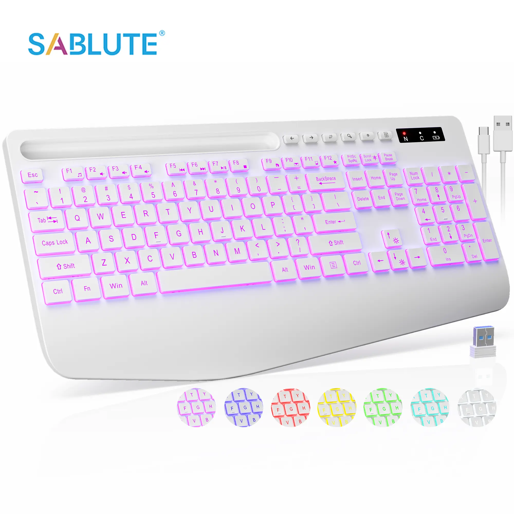 Single LED Wireless keyboard, 7 color backlights, Wrist rest, phone stand, Rechargeable ergonomic keyboard, Silent light keys
