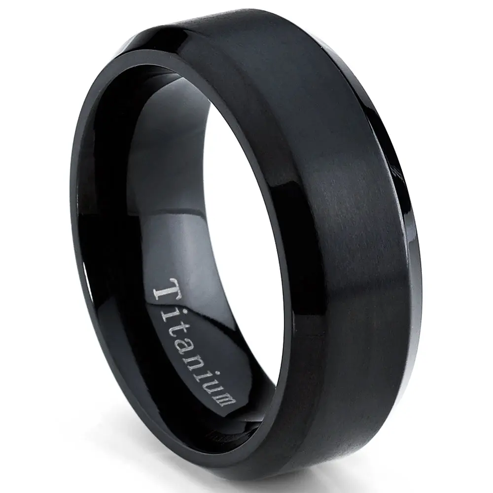 Men's Black Titanium Ring - 8mm Brushed Wedding Band, Comfort Fit, Sizes 7-15, Gentle on Skin, High Polished Black Metal Rings