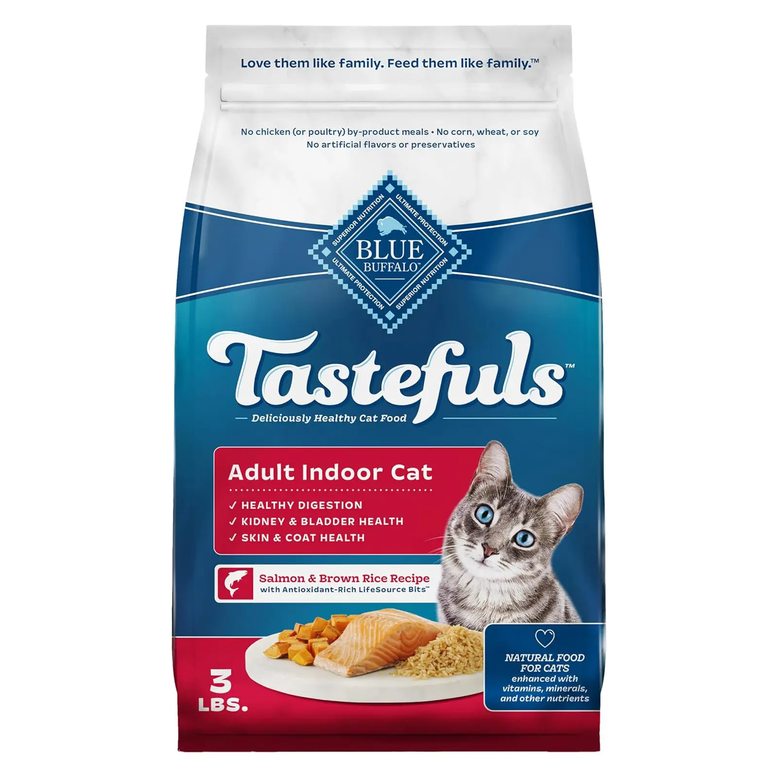 Blue Buffalo Tastefuls Salmon Adult Indoor Dry Cat Food, 3 lb Chicken & Brown Rice Recipe, Antioxidant-Rich LifeSource Bits, No Corn, Wheat, or Soy
