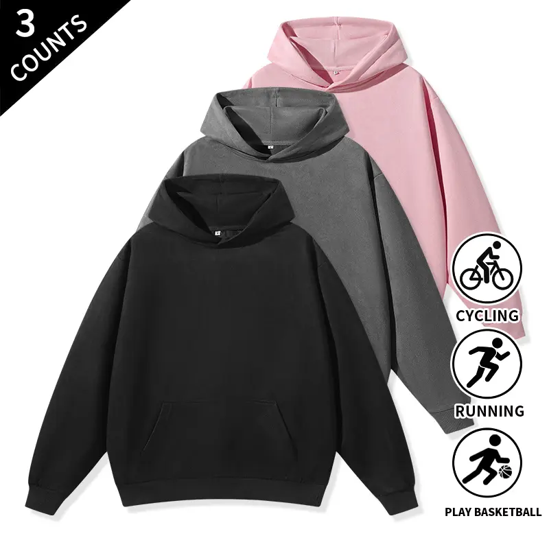 Men’s solid-color knit pullover hoodies, 3-pack—comfortable, loose-fit long-sleeve hoodies with kangaroo pockets, sporty style suitable for outdoor activities and everyday layering.