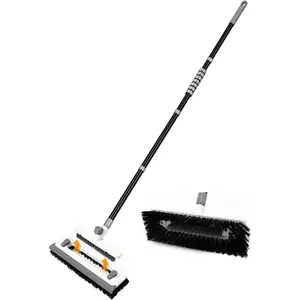 3 in 1 Floor Scrub Brush with Long Handle 55" Push Broom Stiff Bristle  Brush  Scrape & Detachable V-Grout Brush for Bathroom Kitchen Tile Deck Patio Garage Concrete Wall Cleaning Tool