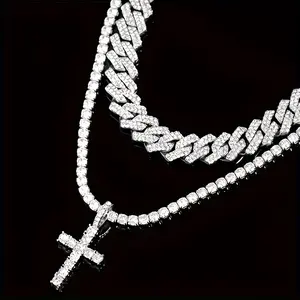 Hip Hop Cuban Chain Cross Pendant Necklace Set 2Pcs Mens Womens Bling Iced Out Fashion Jewelry Gift for Daily Streetwear Parties and Special Events