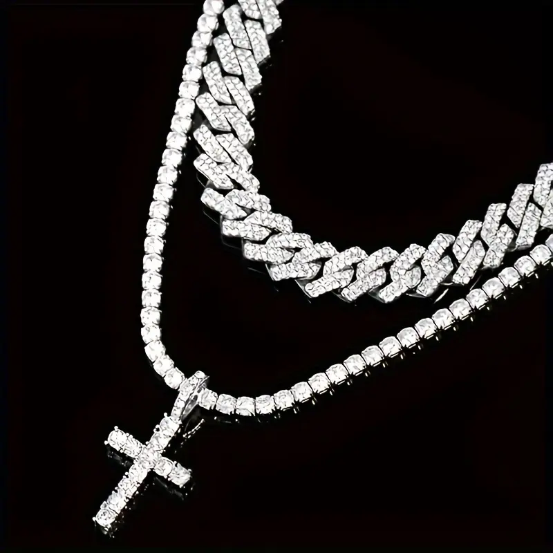 Men's 2Pcs Iced Out Cross Pendant Cuban Link Style Hip Hop Bling Chain Jewelry Necklaces - Standout Fashion Accessory Gift for Daily Streetwear & Parties, Unisex Names, Cuban Link Style Necklaces, Silver Cross Necklaces, Long, Iced Out Chain, Cross Statem