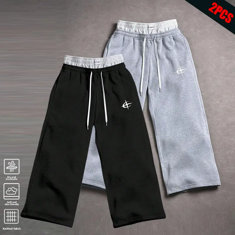 Men's Star Print Work Pants - Beige Loose Straight Fit Comfortable Long Pants for Daily Commute - Versatile Casual Style with Cargo-Style Modern Finesse Sweatpants Logo-Embroidered Grey