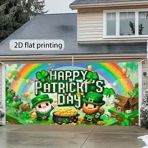 St Patrick's Day Garage Door Decoration Curtain, Theme with Rainbow Clover Gold Coin Elements, Festive Home Decor