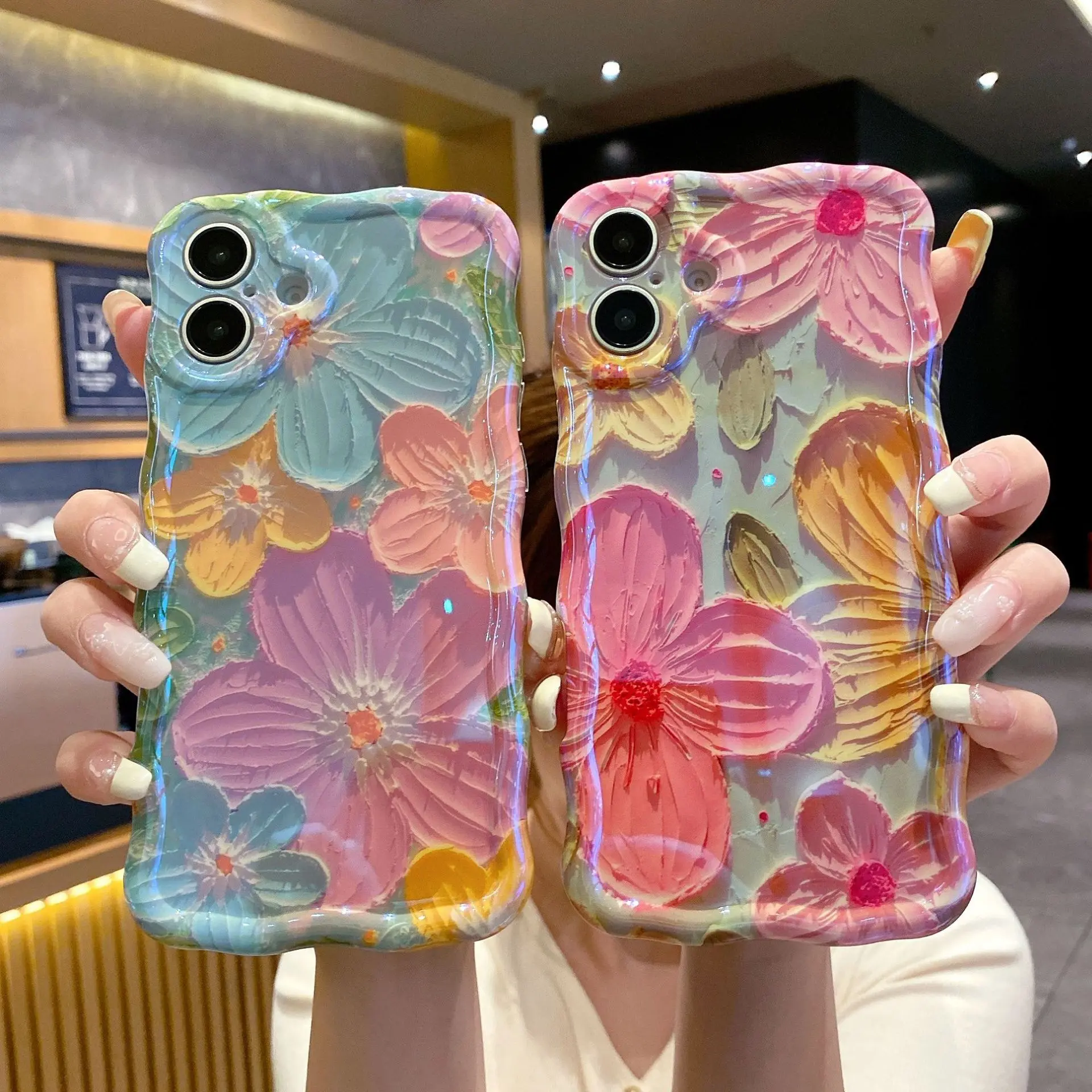 Premium Retro Flower Laser Curly Waves Oil Painting TPU Smartphone Cover - Shockproof, Fade-Resistant Protective Casing Accessory with Unique Protection for iPhone 13,14,15,16,17 Series Pro Max Plus Devices
