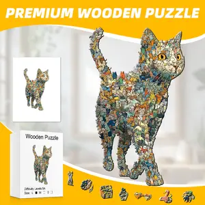 Colorful Cat Art Wooden Puzzle 3D Irregular Pieces Unique Pet Theme Board Game, Fun Jigsaw Puzzles for Adults & Kids, Educational Toy Gift, Animal Shape Puzzle