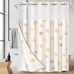 1pc hookless shower curtain with buckle lining, pink, white, yellow and blue heart-patterned design, 2D flat printing, waterproof fabric lining, see-through double-layer shower curtain, 71 x 74 inches, modern home draping curtain, bathroom accessory