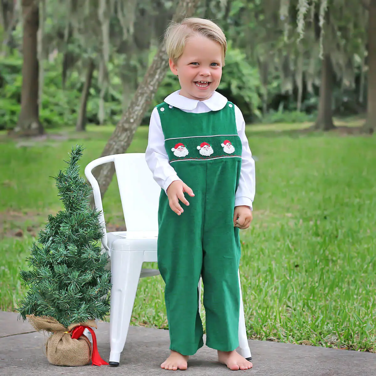 Santa Face Smocked Green Longall - Soft Boys Christmas Outfit