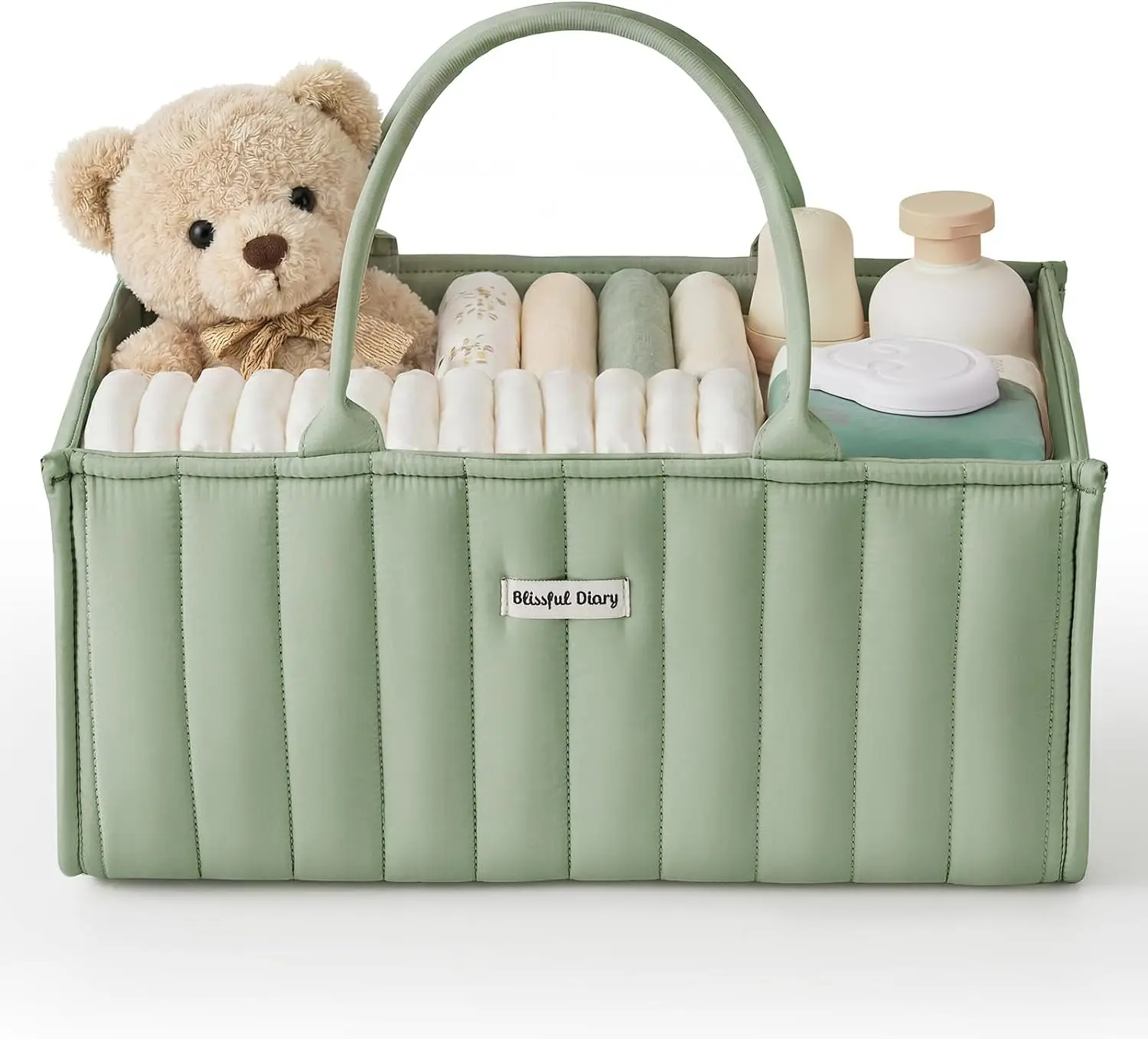 Blissful Diary Polyester Plain Baby Diaper Caddy Organizer with Handle, Basket-Shape Stylish Storage for Newborn Essentials & Diaper Station, Sage Green Baby Shower Gift & Registry Must-Have