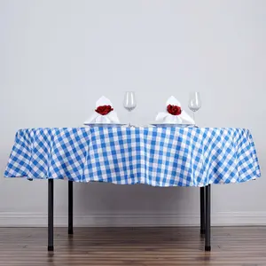 Polyester Round Tablecloth 90" White/Blue Checkered Buffalo Plaid Table Cover